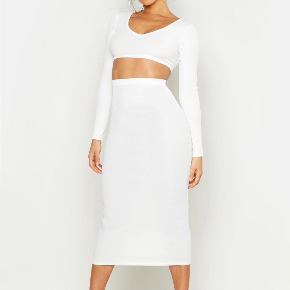 White Long Sleeve Crop and Midaxi Skirt Set